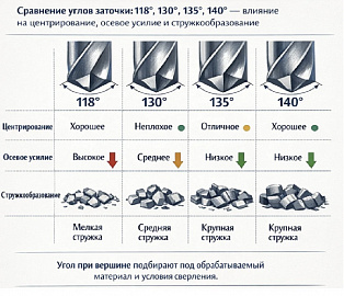 Углы при вершине сверла: как выбрать геометрию (118°, 135°, 140°) под материал